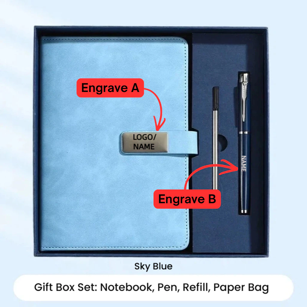 LUXG4-04 Sky Blue Personalised Notebook and Pen Set - Image 1